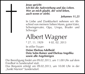 Traueranzeige von Albert Wagner von Mitteldeutsche Zeitung Bitterfeld