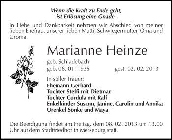 Traueranzeige von Marianne Heinze von Mitteldeutsche Zeitung Merseburg/Querfurt