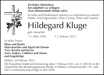 Traueranzeige von Hildegard Kluge von Mitteldeutsche Zeitung Köthen