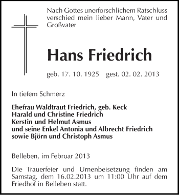 Traueranzeige von Hans Friedrich von Mitteldeutsche Zeitung Bernburg