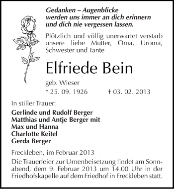 Traueranzeige von Elfriede Bein von Mitteldeutsche Zeitung Aschersleben