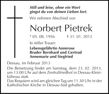 Traueranzeige von Norbert Pietrek von Mitteldeutsche Zeitung Dessau-Roßlau