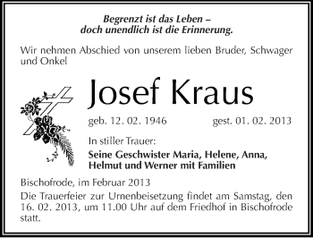 Traueranzeige von Josef Kraus von Mitteldeutsche Zeitung Mansfelder Land