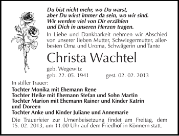 Traueranzeige von Christa Wachtel von Mitteldeutsche Zeitung Halle/Saalkreis