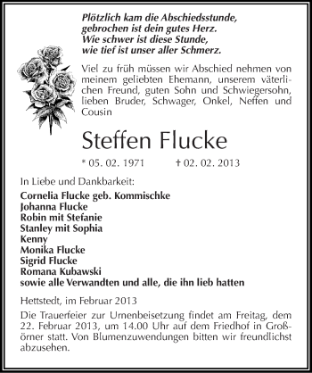 Traueranzeige von Steffen Flucke von Mitteldeutsche Zeitung Mansfelder Land