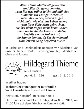 Traueranzeige von Hildegard Thieme von Mitteldeutsche Zeitung Naumburg/Nebra