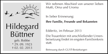 Traueranzeige von Hildegard Büttner von Mitteldeutsche Zeitung Köthen