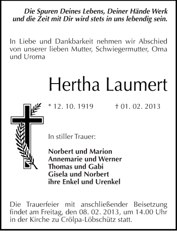 Traueranzeige von Hertha Laumert von Mitteldeutsche Zeitung Naumburg/Nebra