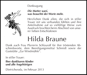 Traueranzeige von Hilda Braune von Mitteldeutsche Zeitung Naumburg/Nebra