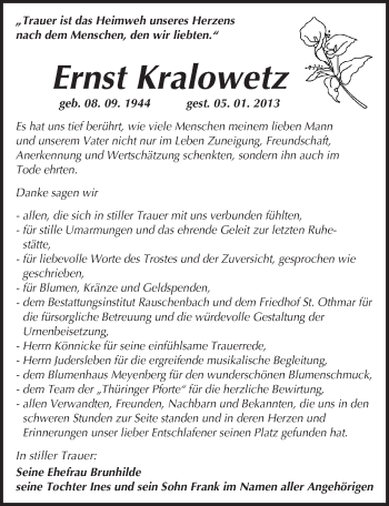 Traueranzeige von Ernst Kralowetz von Mitteldeutsche Zeitung Naumburg/Nebra