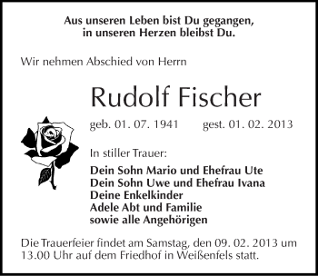 Traueranzeige von Rudolf Fischer von Mitteldeutsche Zeitung Weißenfels