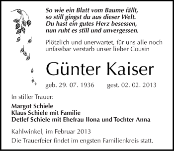Traueranzeige von Günter Kaiser von Mitteldeutsche Zeitung Naumburg/Nebra