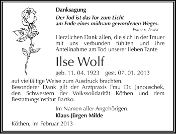 Traueranzeige von Ilse Wolf von Mitteldeutsche Zeitung Köthen