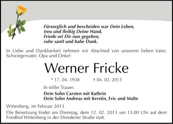 Traueranzeige von Werner Fricke von Mitteldeutsche Zeitung Wittenberg