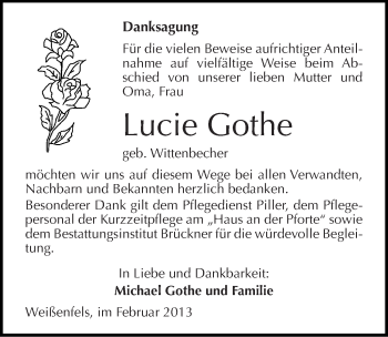 Traueranzeige von Lucie Gothe von Mitteldeutsche Zeitung Weißenfels