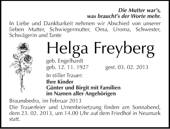 Traueranzeige von Helga Freyberg von Mitteldeutsche Zeitung Merseburg/Querfurt