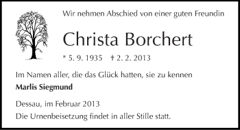 Traueranzeige von Christa Borchert von Mitteldeutsche Zeitung Dessau-Roßlau