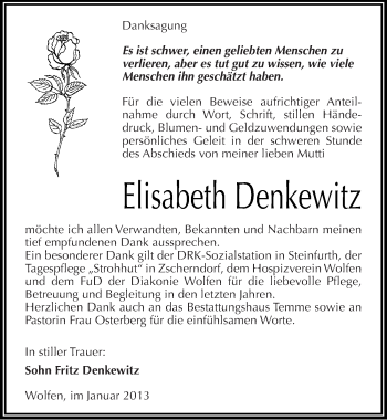 Traueranzeige von Elisabeth Denkewitz von Mitteldeutsche Zeitung Bitterfeld