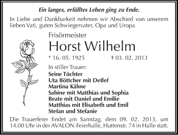 Traueranzeige von Horst Wilhelm von Mitteldeutsche Zeitung Halle/Saalkreis