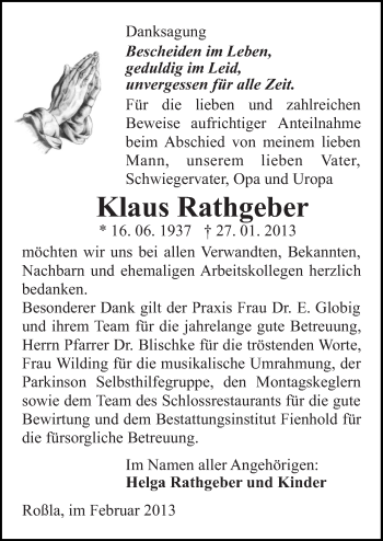 Traueranzeige von Klaus Rathgeber von Mitteldeutsche Zeitung Sangerhausen