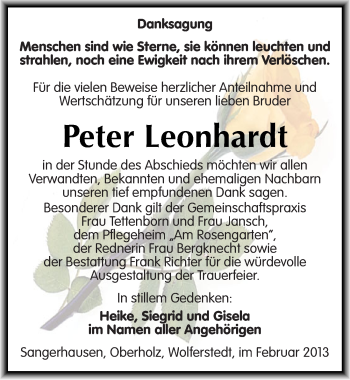 Traueranzeige von Peter Leonhardt von Mitteldeutsche Zeitung Sangerhausen