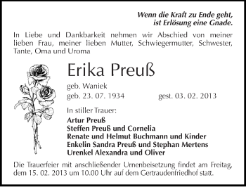 Traueranzeige von Erika Preuß von Mitteldeutsche Zeitung Halle/Saalkreis