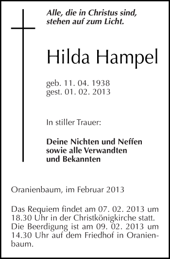Traueranzeige von Hilda Hampel von Mitteldeutsche Zeitung Wittenberg