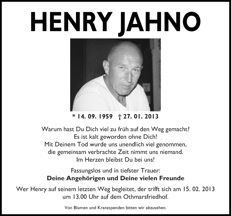  Traueranzeige für Henry Jahno vom 09.02.2013 aus Mitteldeutsche Zeitung Naumburg/Nebra