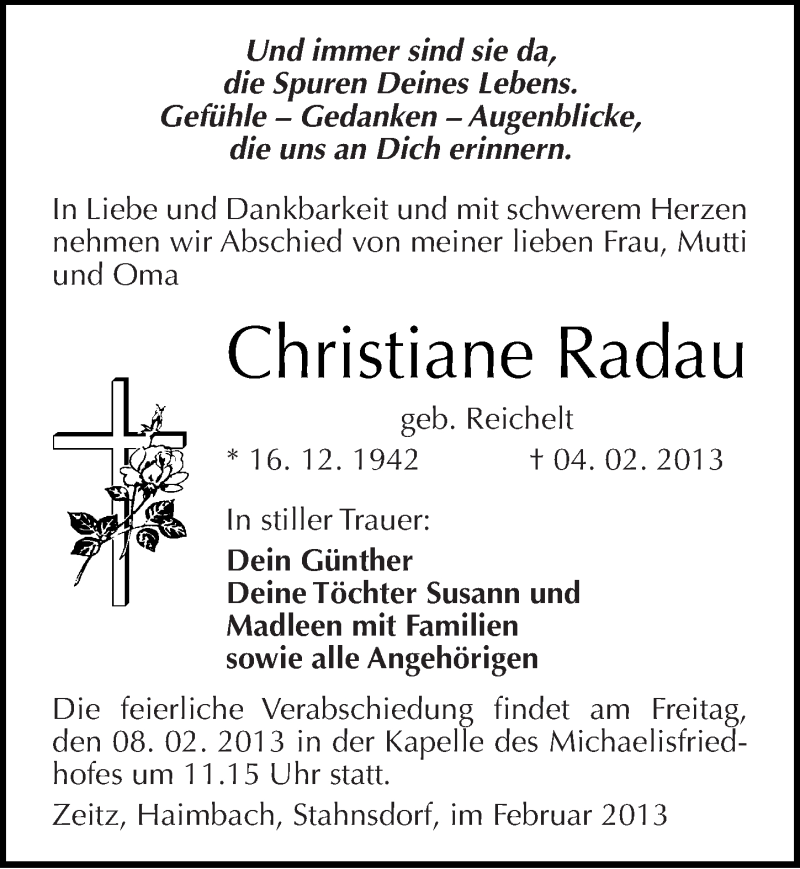  Traueranzeige für Christiane Radau vom 06.02.2013 aus Mitteldeutsche Zeitung Zeitz