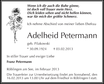 Traueranzeige von Adelheid Petermann von Mitteldeutsche Zeitung Mansfelder Land