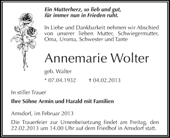 Traueranzeige von Annemarie Wolter von Mitteldeutsche Zeitung Mansfelder Land
