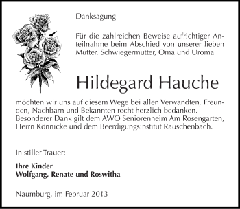 Traueranzeige von Hildegard Hauche von Mitteldeutsche Zeitung Naumburg/Nebra