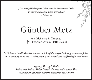 Traueranzeige von Günther Metz von Mitteldeutsche Zeitung Halle/Saalkreis