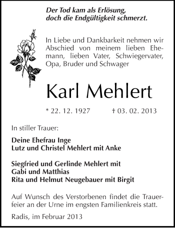 Traueranzeige von Karl Mehlert von Mitteldeutsche Zeitung Wittenberg