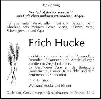 Traueranzeige von Erich Hucke von Mitteldeutsche Zeitung Sangerhausen