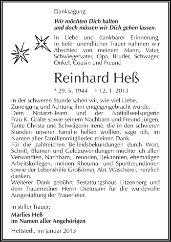 Traueranzeige von Reinhard Heß von Mitteldeutsche Zeitung Mansfelder Land