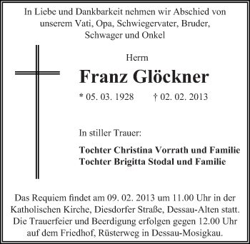 Traueranzeige von Franz Glöckner von Mitteldeutsche Zeitung Dessau-Roßlau