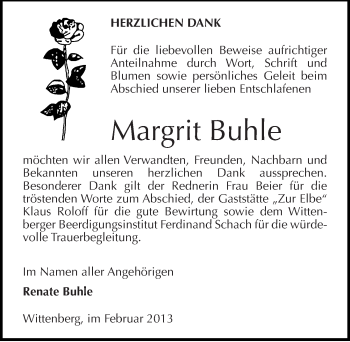 Traueranzeige von Margrit Buhle von Mitteldeutsche Zeitung Wittenberg