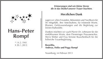 Traueranzeige von Hans-Peter Rompf von Mitteldeutsche Zeitung Naumburg/Nebra