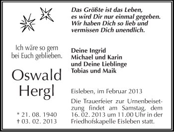Traueranzeige von Oswald Hergl von Mitteldeutsche Zeitung Mansfelder Land