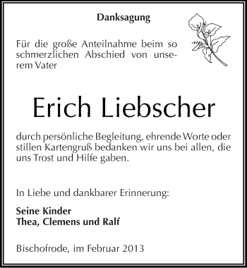 Traueranzeige von Erich Liebscher von Mitteldeutsche Zeitung Mansfelder Land