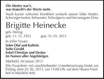 Traueranzeige von Brigitte Heinecke von Mitteldeutsche Zeitung Merseburg/Querfurt