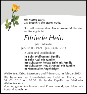 Traueranzeige von Elfriede Hein von Mitteldeutsche Zeitung Merseburg/Querfurt