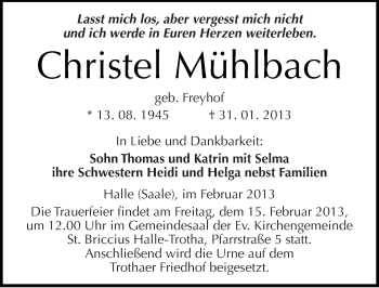 Traueranzeige von Christel Mühlbach von Mitteldeutsche Zeitung Halle/Saalkreis