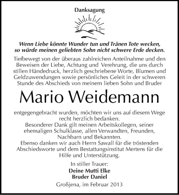 Traueranzeige von Mario Weidemann von Mitteldeutsche Zeitung Naumburg/Nebra