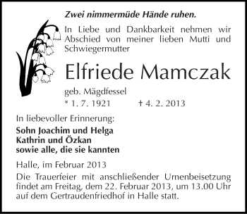 Traueranzeige von Elfriede Mamczak von Mitteldeutsche Zeitung Halle/Saalkreis