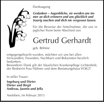 Traueranzeige von Gertrud Gerhardt von Mitteldeutsche Zeitung Mansfelder Land