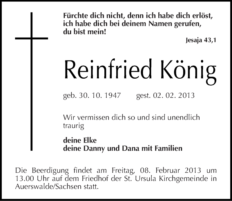  Traueranzeige für Reinfried König vom 07.02.2013 aus Mitteldeutsche Zeitung Mansfelder Land
