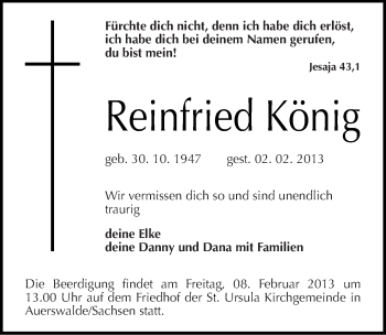 Traueranzeige von Reinfried König von Mitteldeutsche Zeitung Mansfelder Land