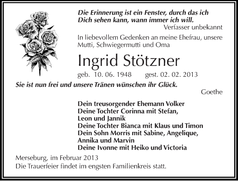  Traueranzeige für Ingrid Stötzner vom 09.02.2013 aus Mitteldeutsche Zeitung Merseburg/Querfurt